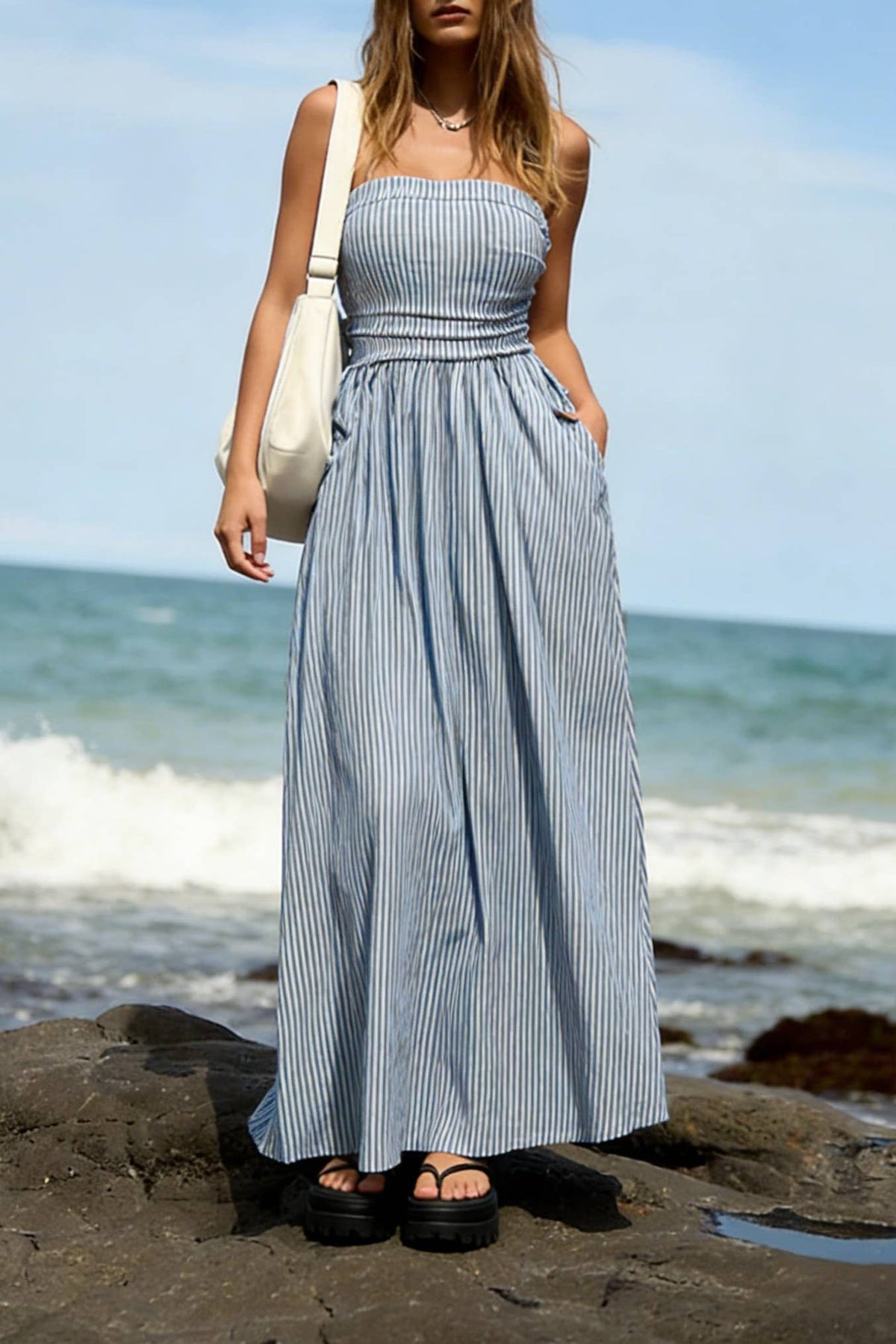 Effortless Vibe Pinstripe Strapless A-Line Skirt Maxi Dress