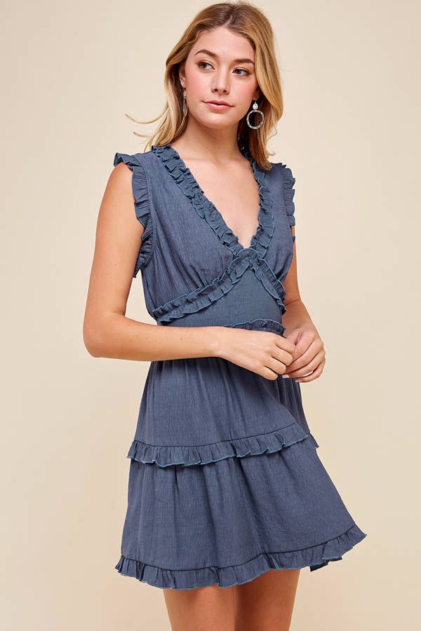 Sleeveless V Neck Ruffle Detail Dress